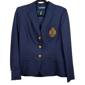 Lauren By Ralph Lauren Wool Navy Blazer Schoolboy Gold Crest Buttons, Women’s 6